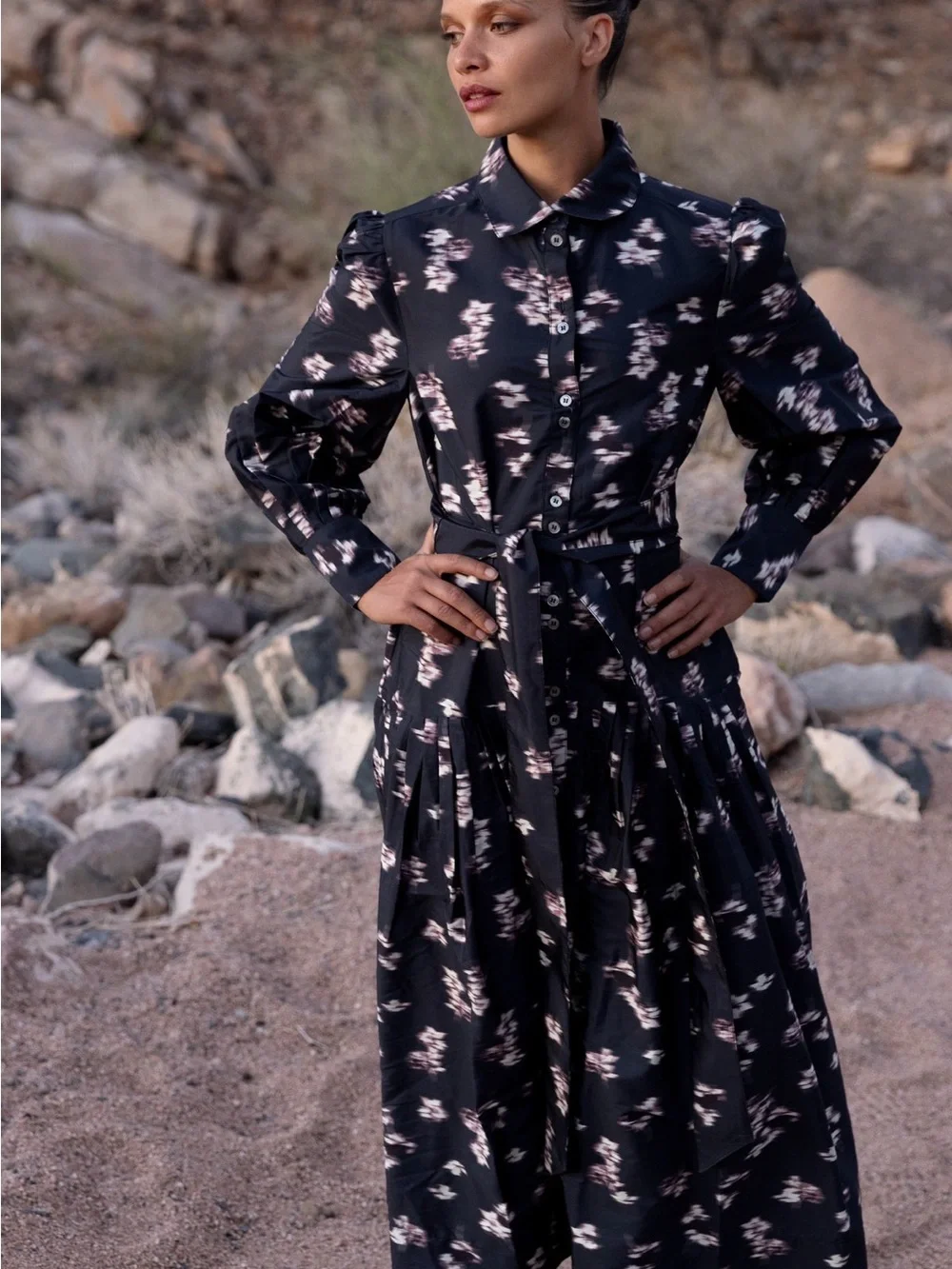 Oliphant Nora Black Lebombo Button-Up Long Sleeve Dress Large